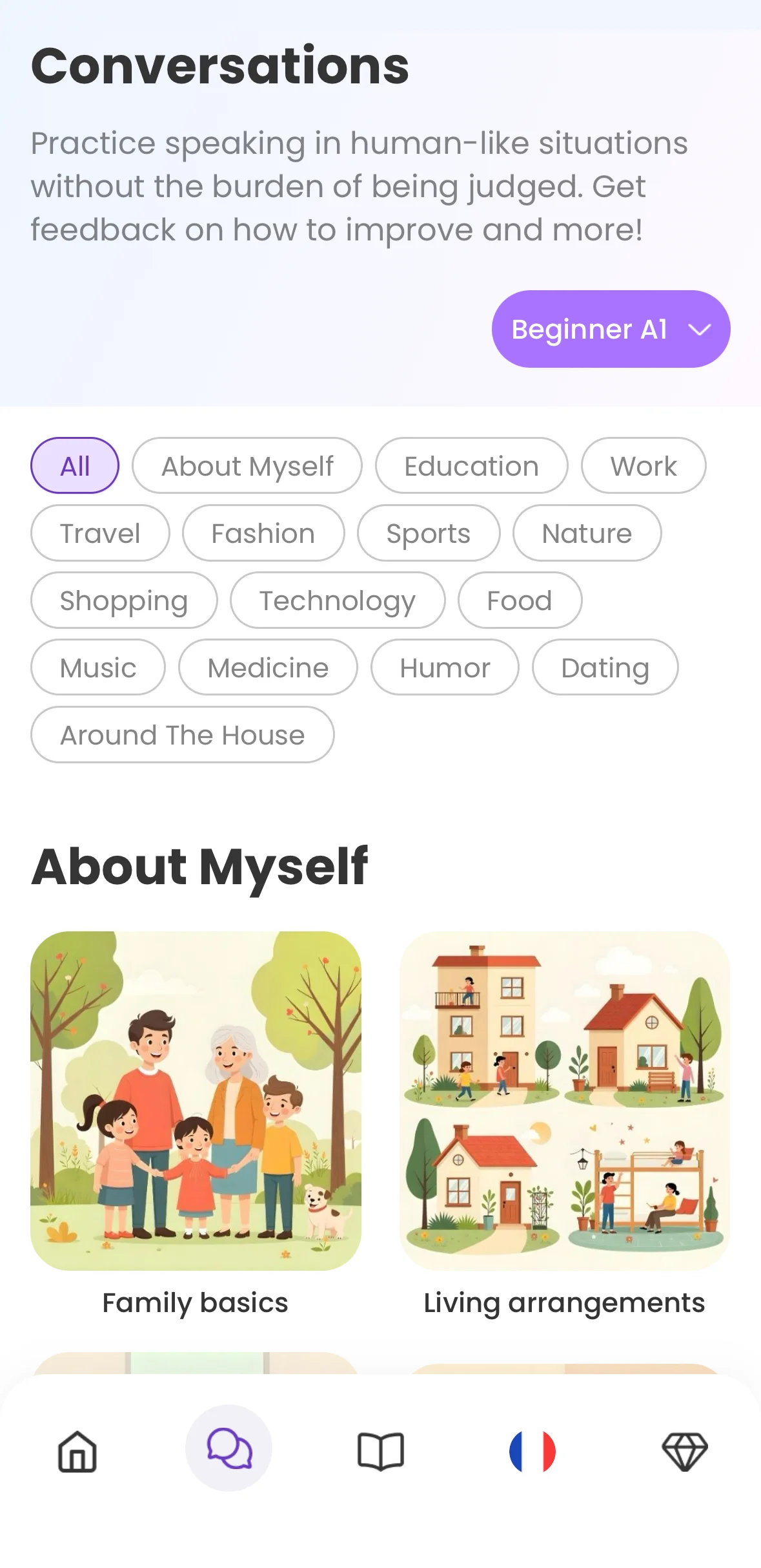 Bfluent app conversation topics including sports, travel and food