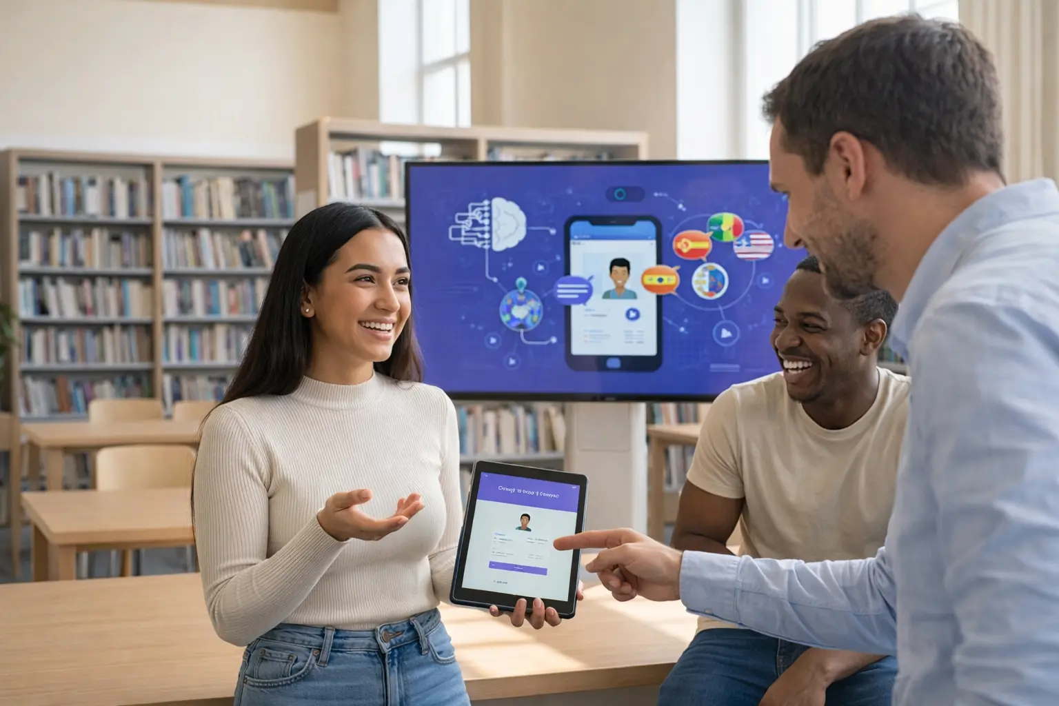 Happy students learning and practicing foreign languages